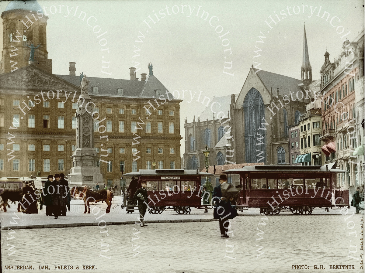 Amsterdam, paleis en kerk, G.H. Breitner, Colorized by Emiel Verwijst, History In Color.nl