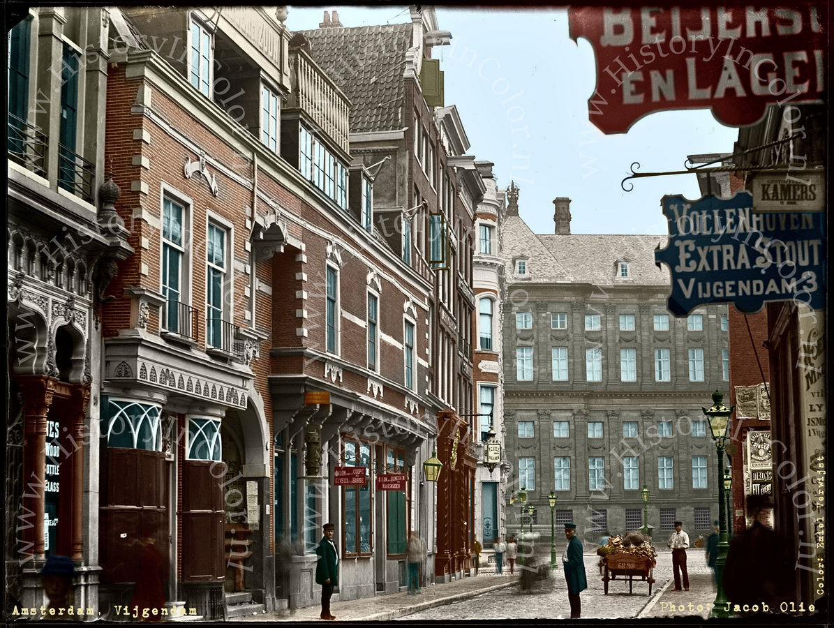 Amsterdam, Vijgendam, Jacob Olie, Colorized by Emiel Verwijst, History In Color.nl   