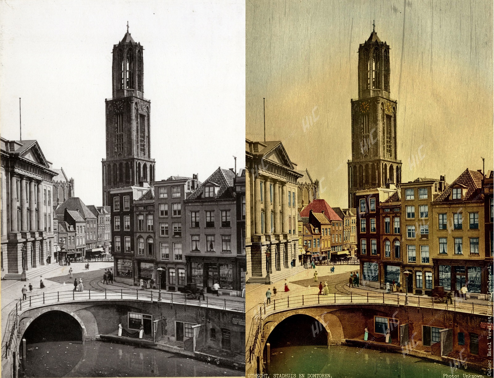 Oude ingekleurde foto Utrecht, Stadhuis en Domtoren, Oude gracht, History In Color.nl 