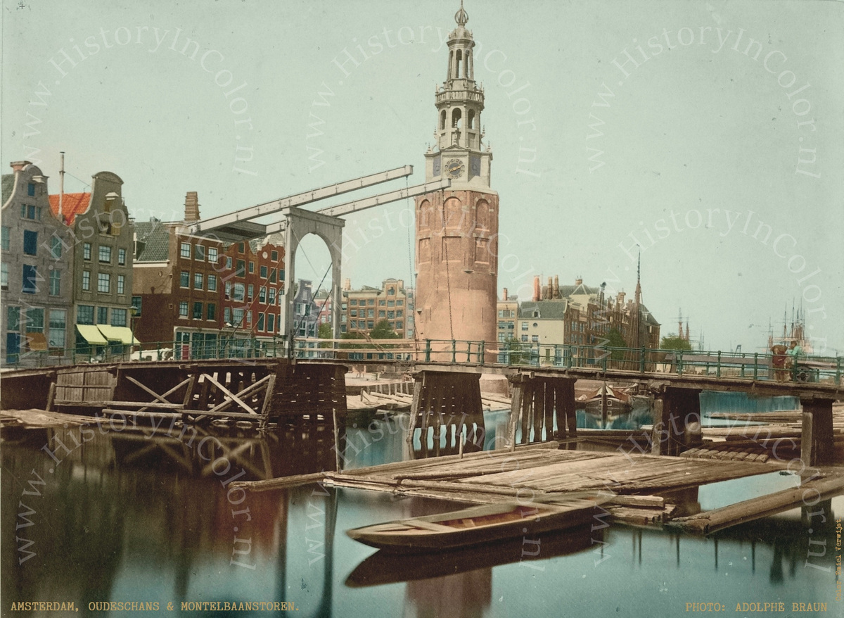 Amsterdam, Oude schans en Montelbaanstoren, Adolphe Braun, Colorized by Emiel Verwijst, History In Color.nl   